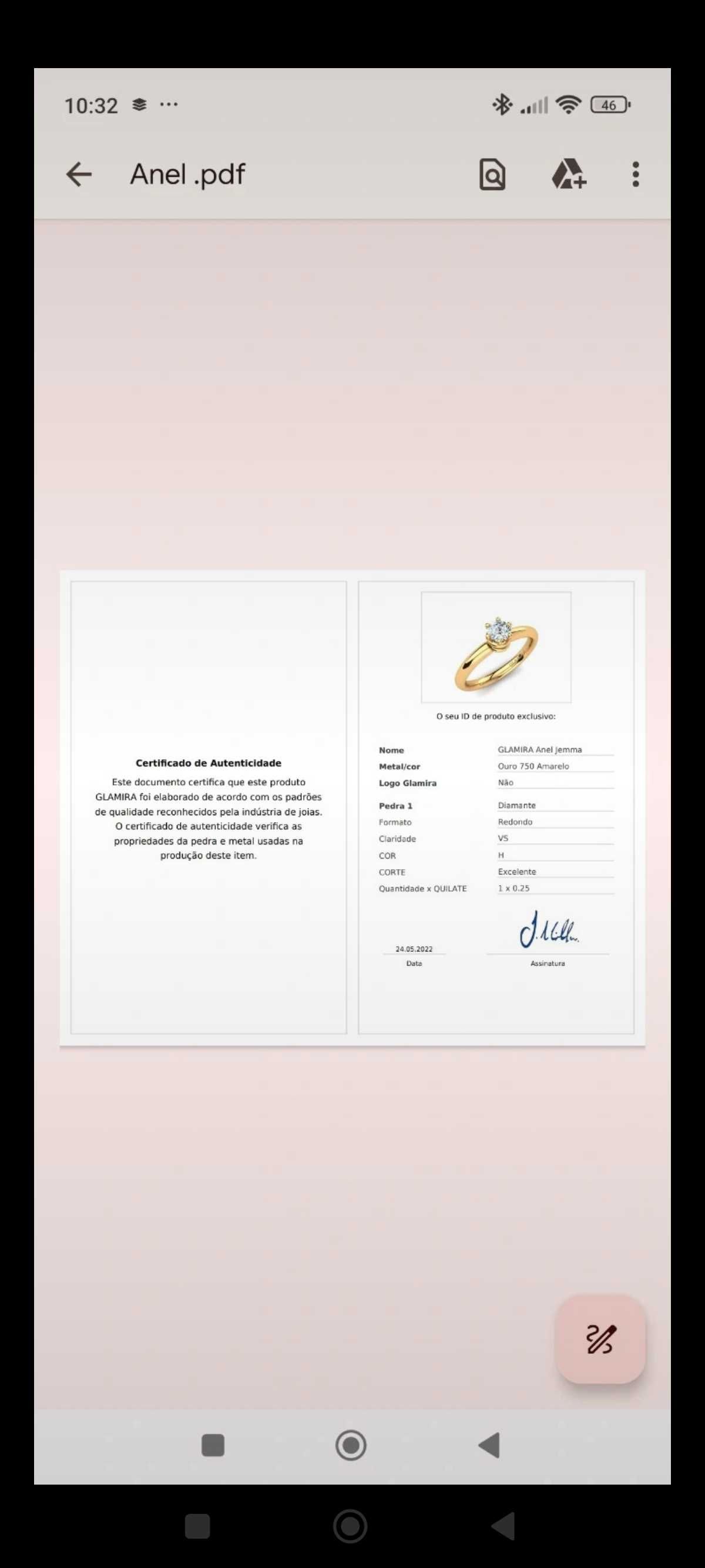 Anel de noivado - solitário com diamante -certificado de autenticidade
