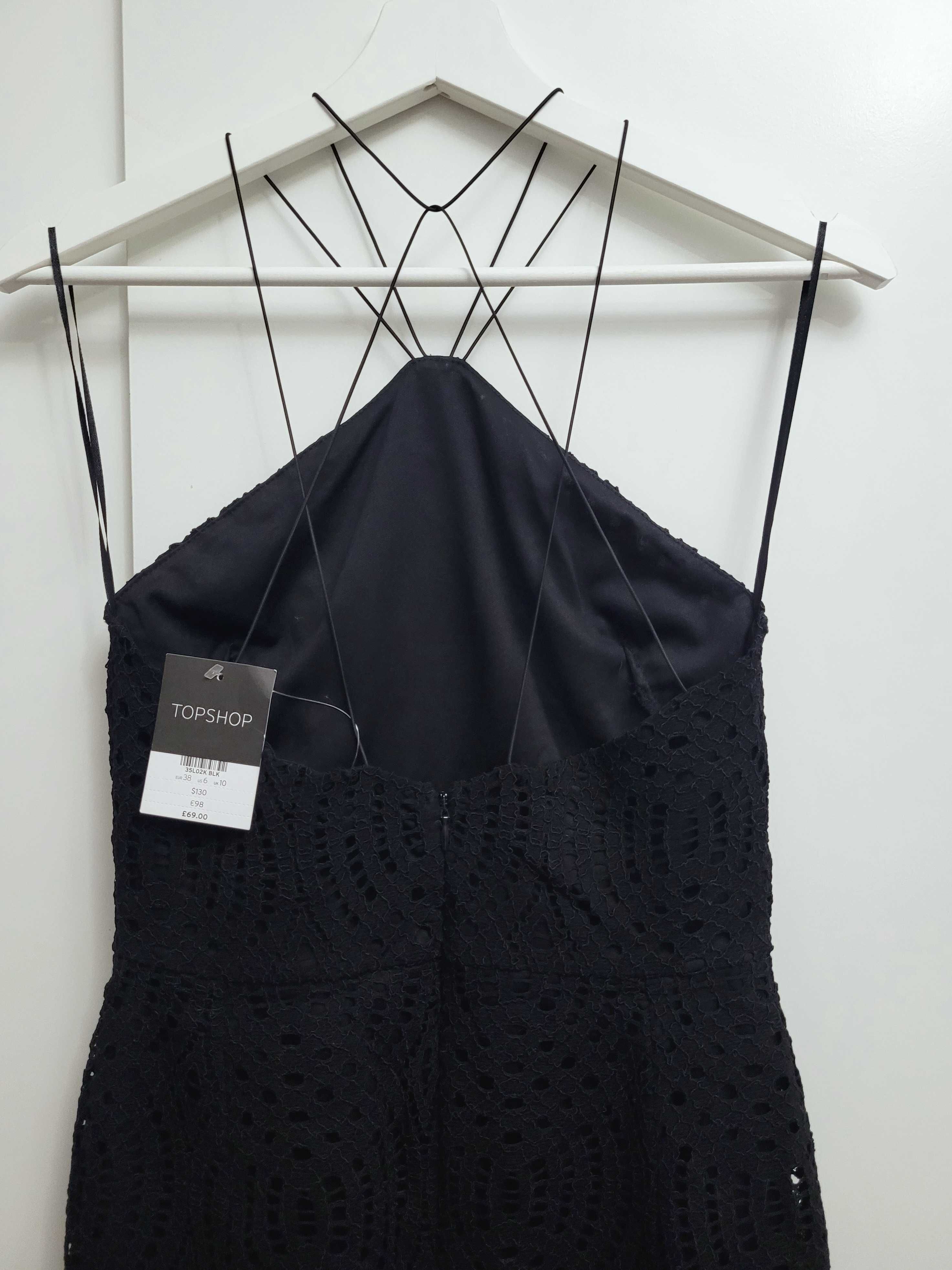 Topshop czarna sukienka midi gipura koronka koronkowa halter 36 38 S M