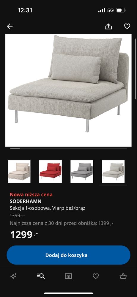 Soderhamn Ikea sofa 1sekcja kolor beż/brąz