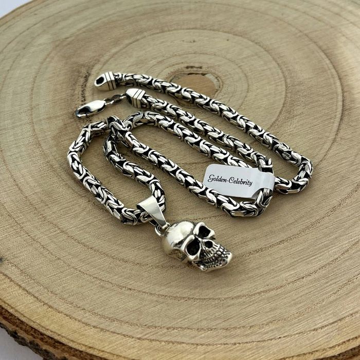 Srebrny Gruby Łańcuszek Splot Królewski + Zawieszka Czaszka / Czacha P