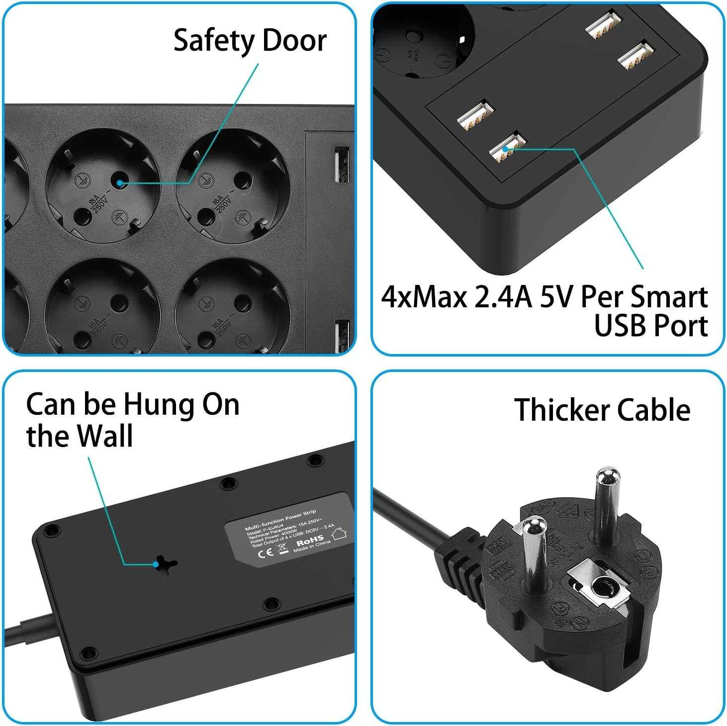 Tomada múltipla USB 4000W 16A com 6 tomadas e 4 portas USB 1,5 m preto