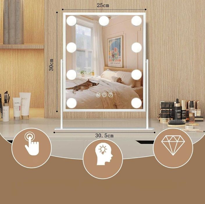Lustro do makijażu z oświetleniem LED, 30 cm x 25 cm