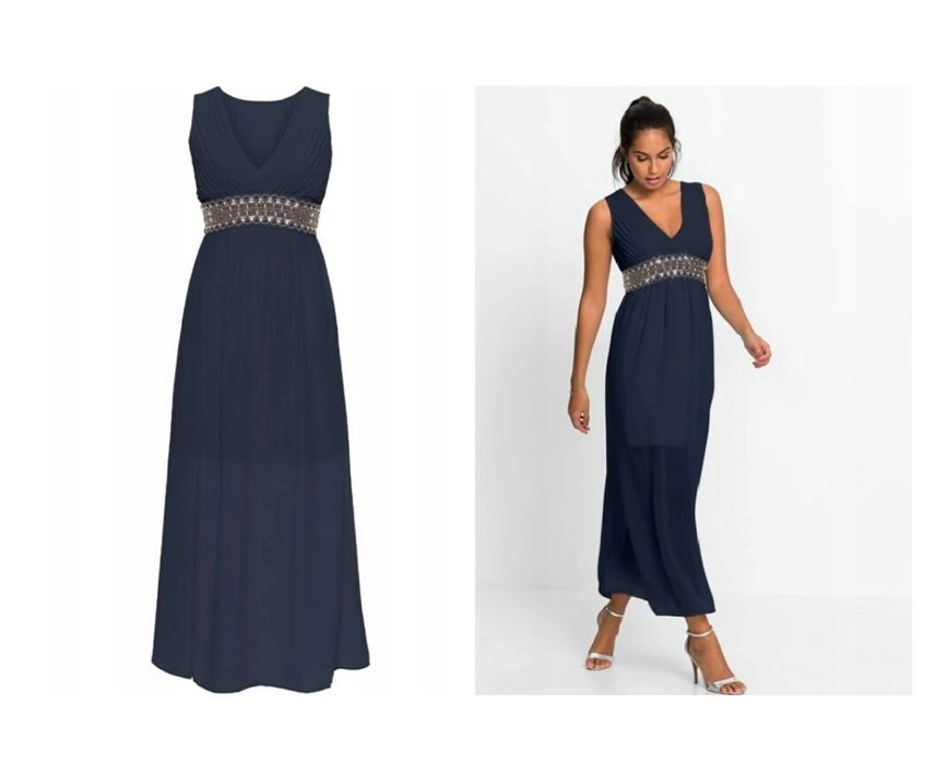 Sukienka 38 M Bodyflirt Bonprix długa bal wesele granatowa z aplikacją