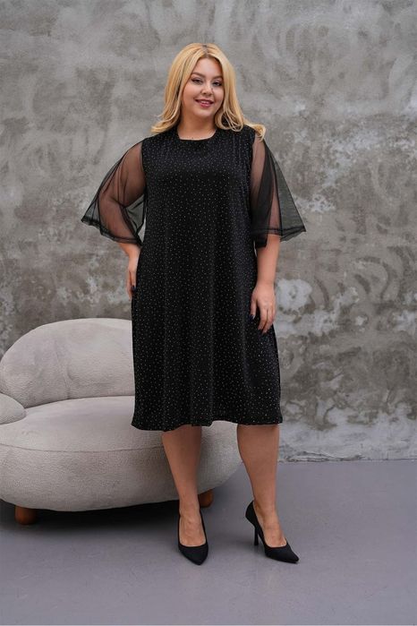 Elegancka sukienka plus size błyszcząca tiulowe rękawy święta
