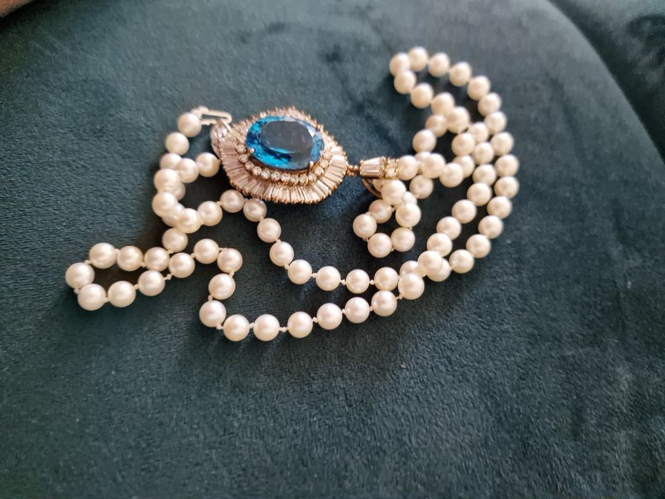 Luksusowy naszyjnik z topazem i diamentami – złoto, perły, certyfikat!