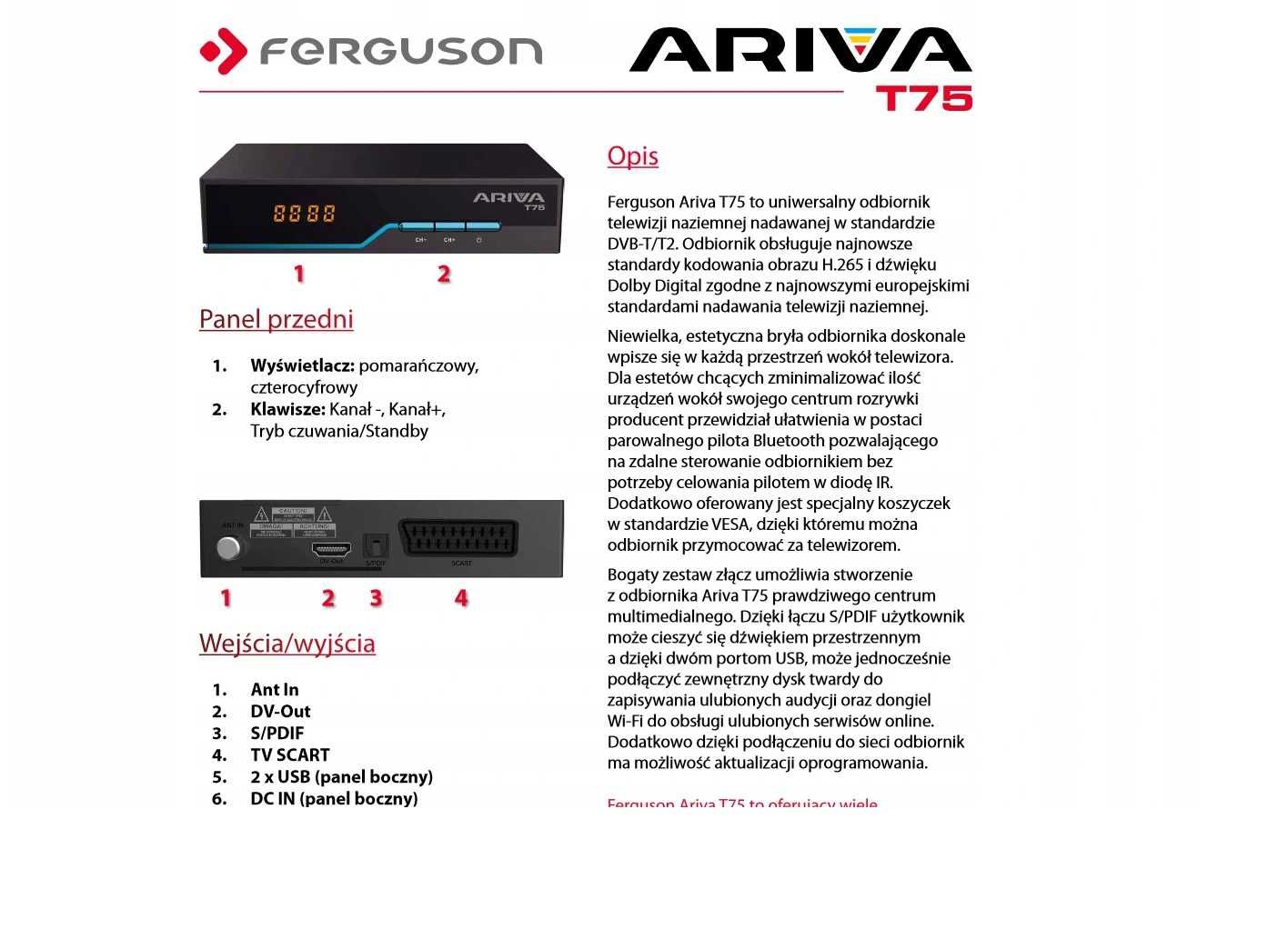Tuner DVB-T2 Ferguson T75 dekoder H.265 HEVC WiFi