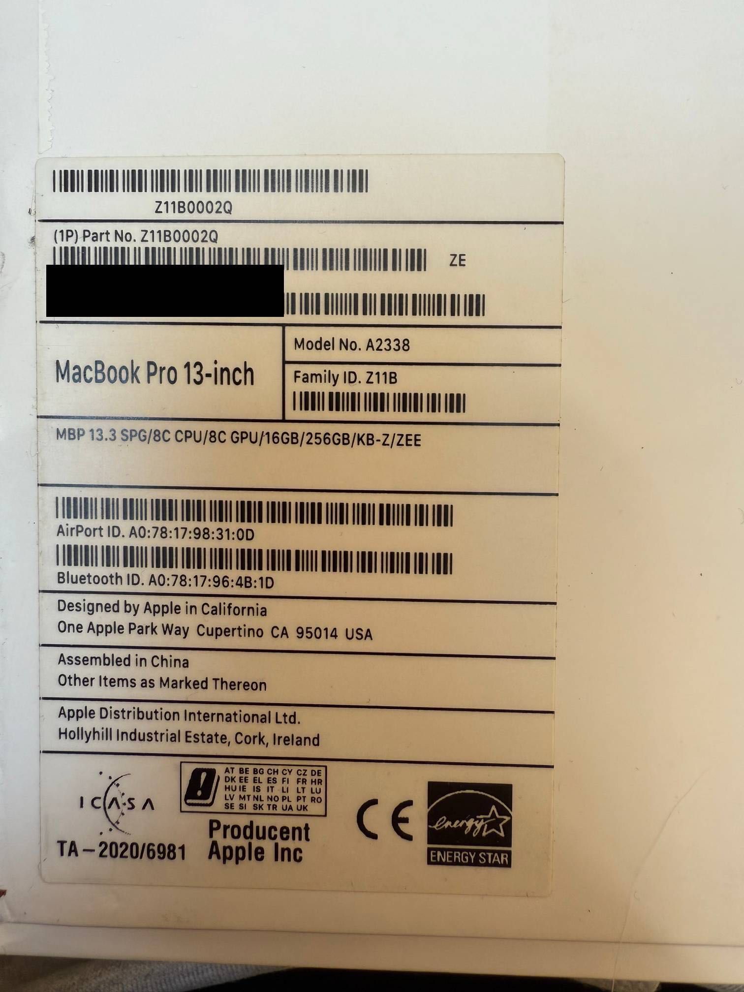 MacBook Pro 13" M1 16GB 256SSD