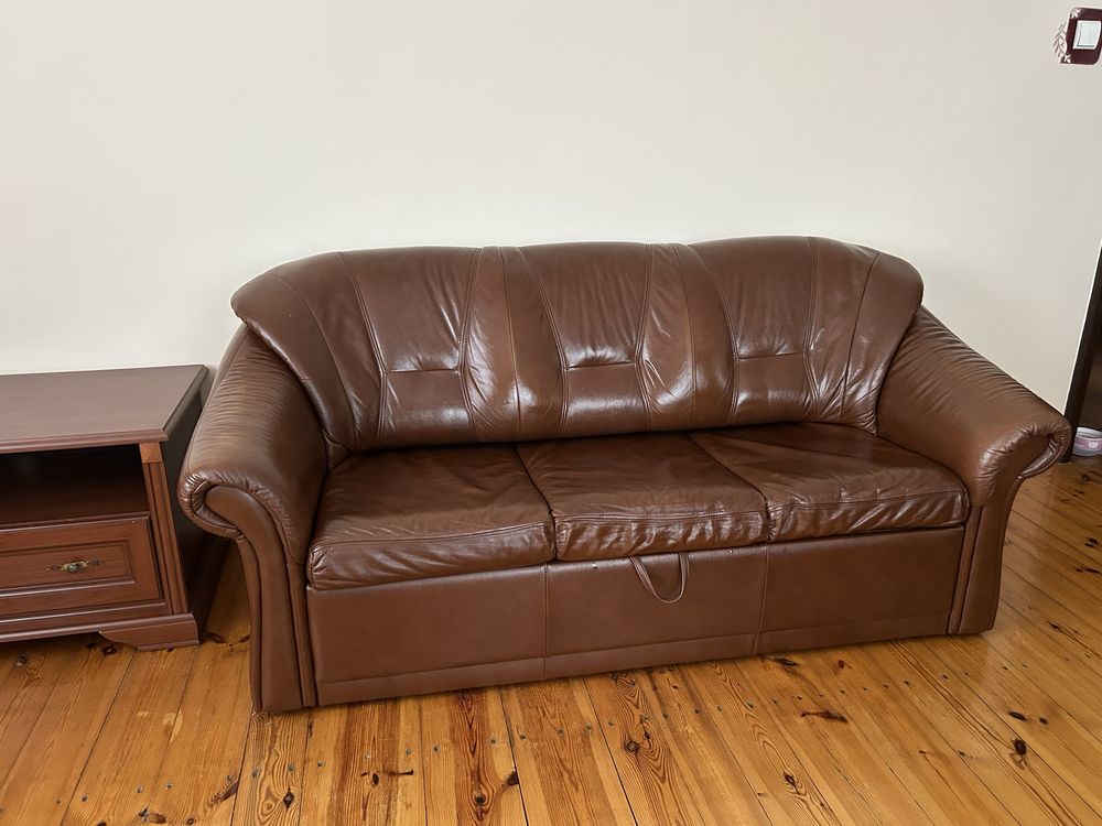 Skorzana sofa brazowa czekoladowa 3 osobowa rozkladana