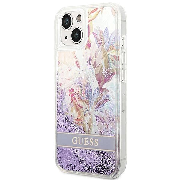 Etui Guess Flower Liquid Glitter na iPhone 14 Plus - fioletowe