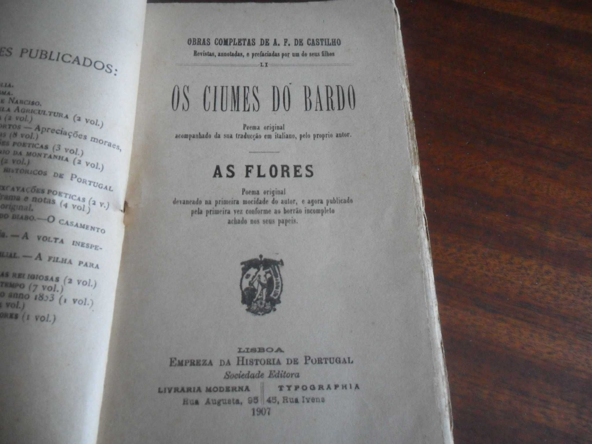 "Os Ciumes do Bardo" de António Feliciano de Castilho - Edição de 1907