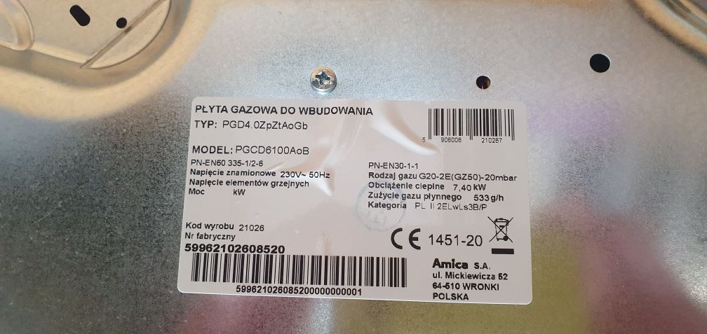 płyta gazowa amica pgcd6100aob