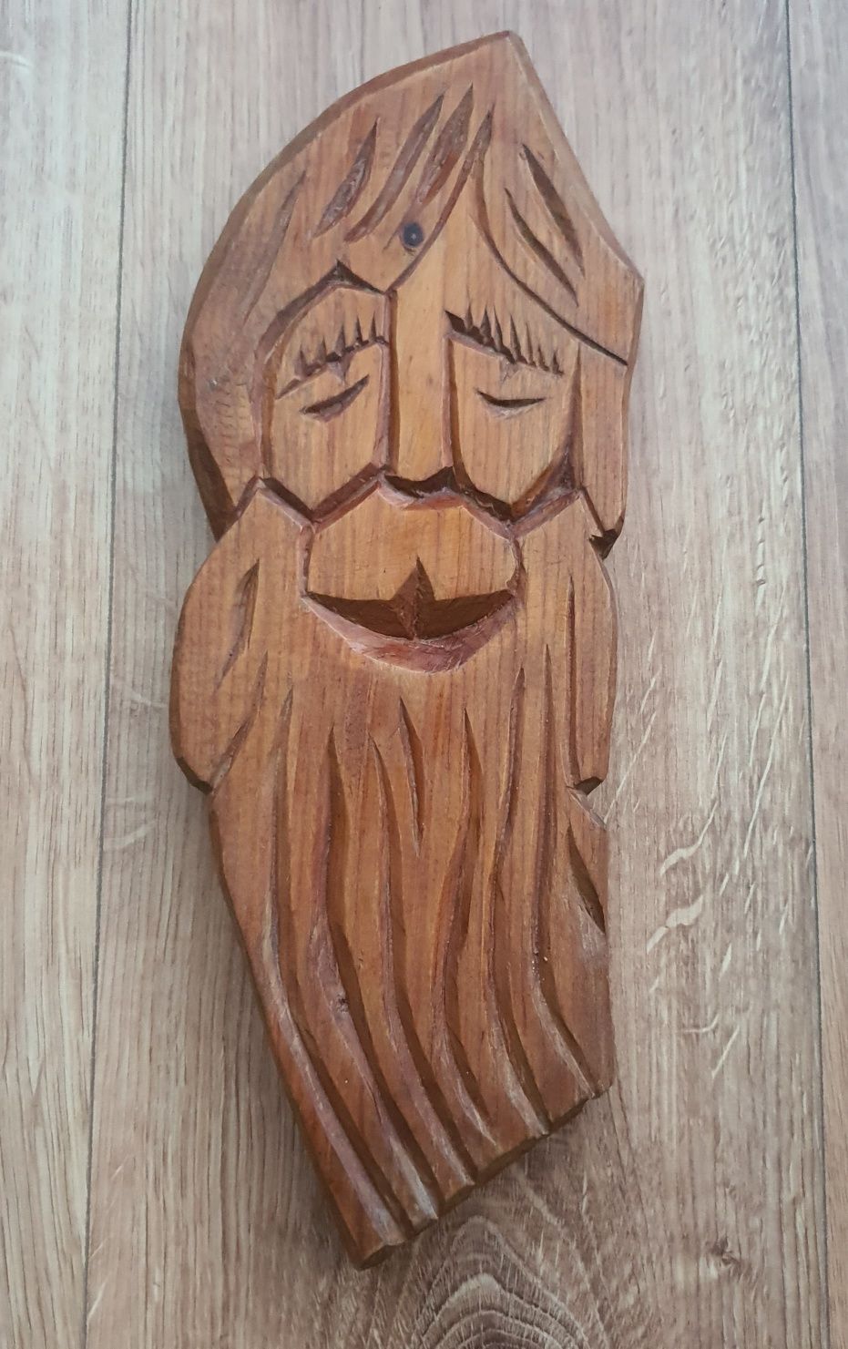 Ludowa rzeźba drewniana płaskorzeźba głowa starzec Jezus drzewo