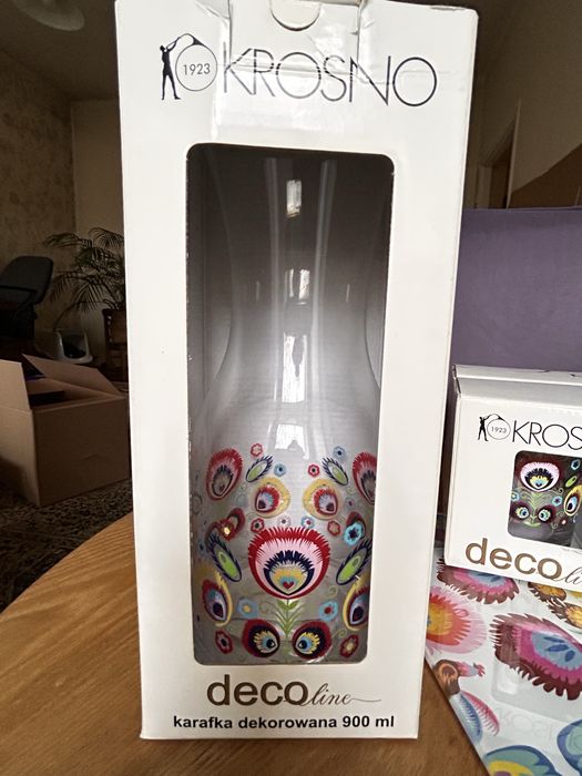 Szklanki, karafka i szklana tacka KROSNO w piekny łowicki wzor