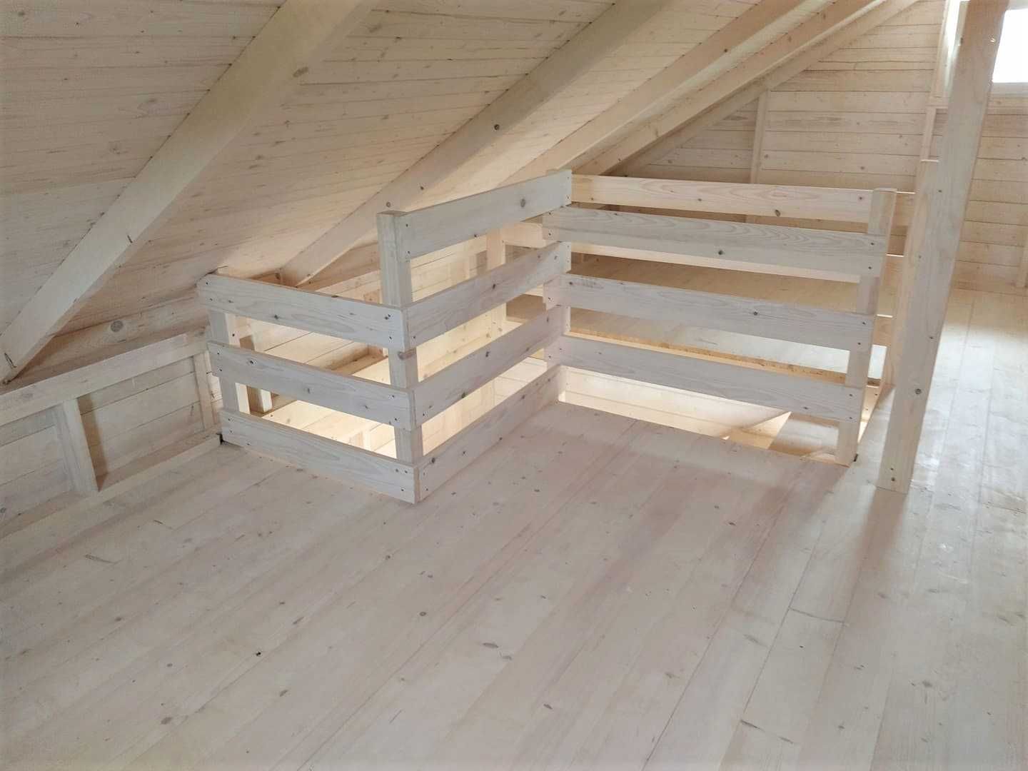 Drewniany domek 35m^2 z poddaszem, blacha, drewniane schody