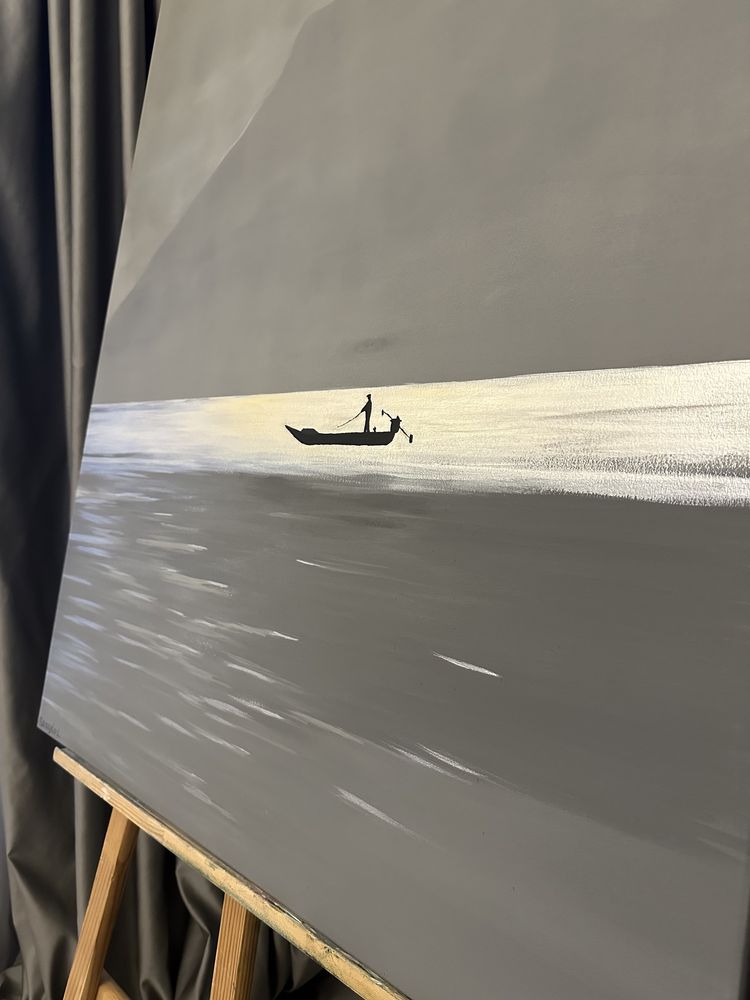 Інтерєрна картина,пейзаж, живопис, човник- рибалка. 120/80 см