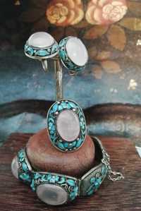 Pulseira, anel, brincos e pregadeira-prata c/quartzo e esm. turquesa