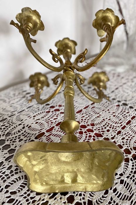 Mosiężny świecznik 5 ramienny, kandelabr - wysokość 32,5cm