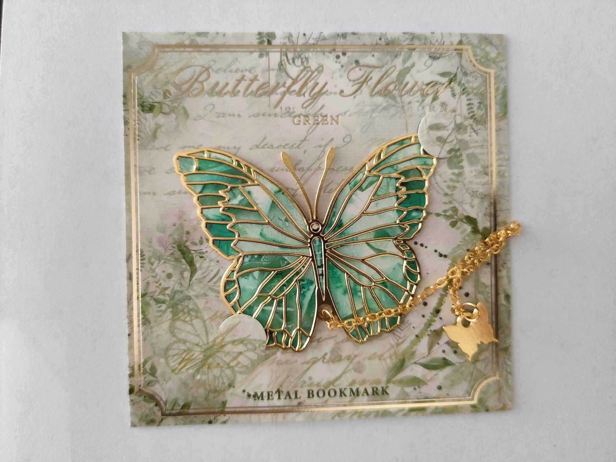 Wyjątkowa Złota Zakładka do książki MOTYL zielony z łańcuszkiem