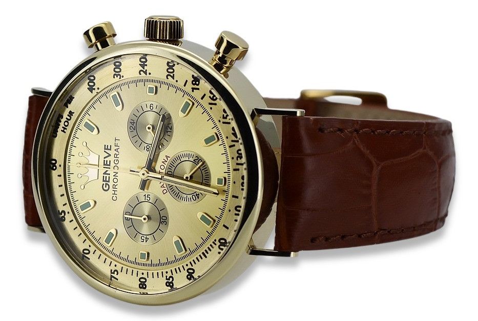 Złoty elegancki zegarek na brązowym pasku męski 14k 585 Geneve Gdańsk