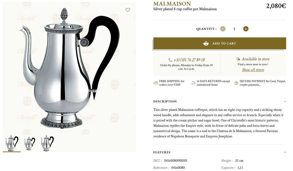 Christofle serviço chá e café 'Malmaison' em casquinha de prata / bule