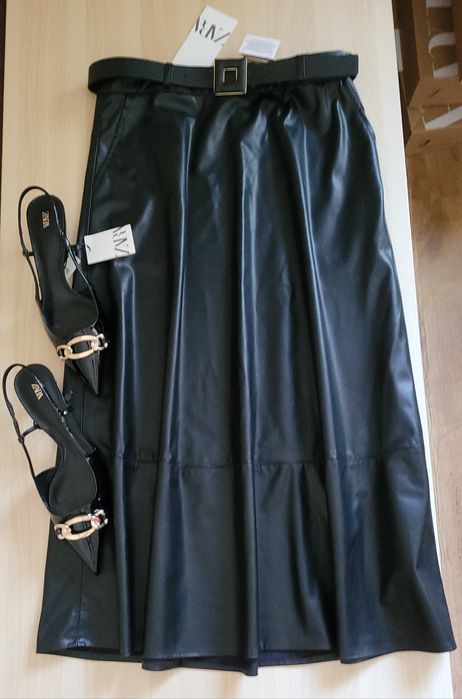 Спідниця міді Zara, штучна шкіра, екошкіра, юбка, ремінь у комплекті