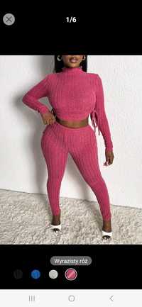 Nowy komplet prążkowany damski różowy dres 36 s legginsy crop top