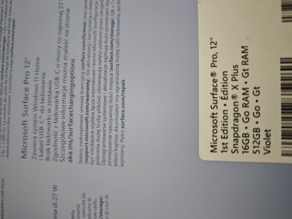 Microsoft Surface pro 12 1st edition 512gb violet klawiatura ładowarka
