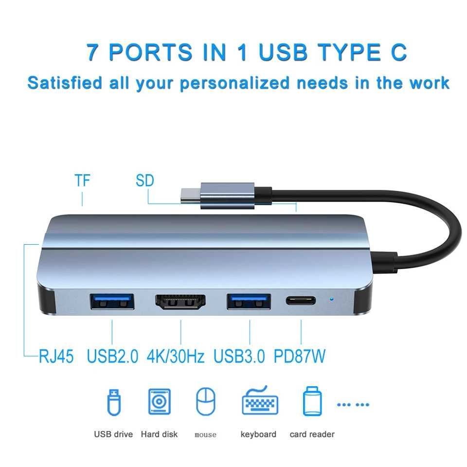 Hub Хаб 7в1 для Macbook, Ноутбук HDMI USB 3.0 TypeC Ethernet USB HUB