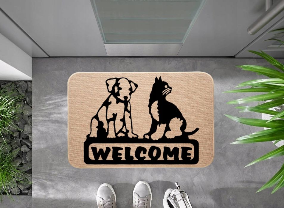 wycieraczka wejściowa pod drzwi lniana pies i kot witają welcome witaj