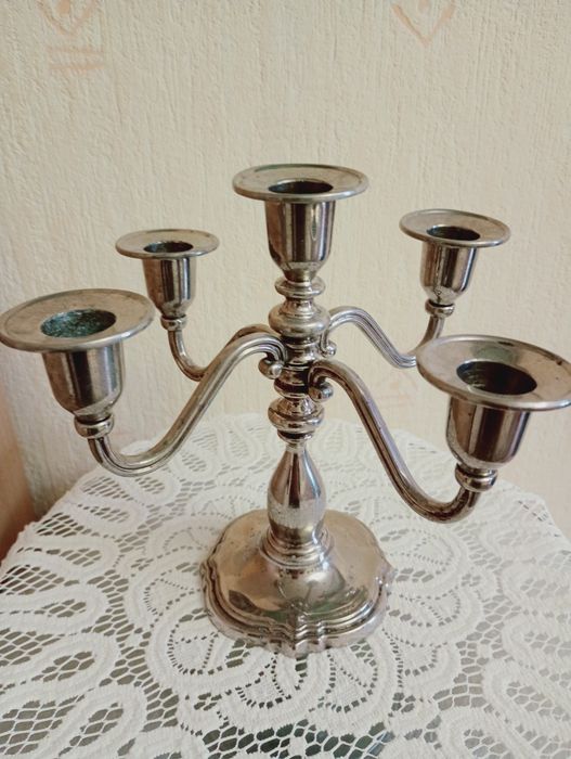 Антикварний свічник канделябр Swanski , посріблена латунь