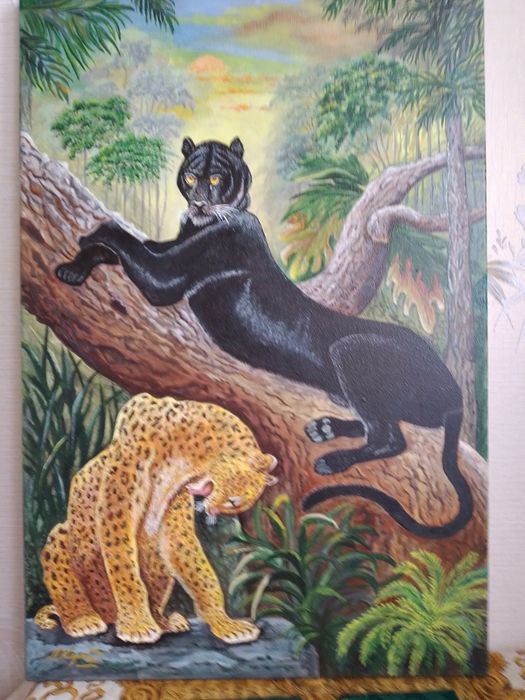 Картина маслом на холсте " Пантеры на отдыхе"