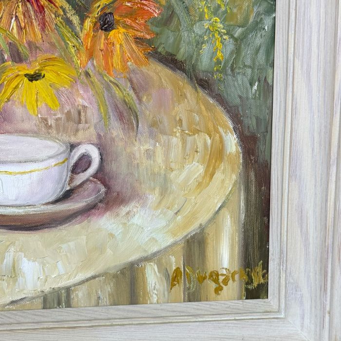 Obraz w drewnianej ramie kwiaty słoneczniki na płotnie