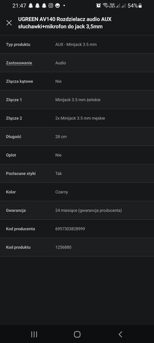 Rozdzielacz audio AUX słuchawki+mikrofon do jack 3,5mm