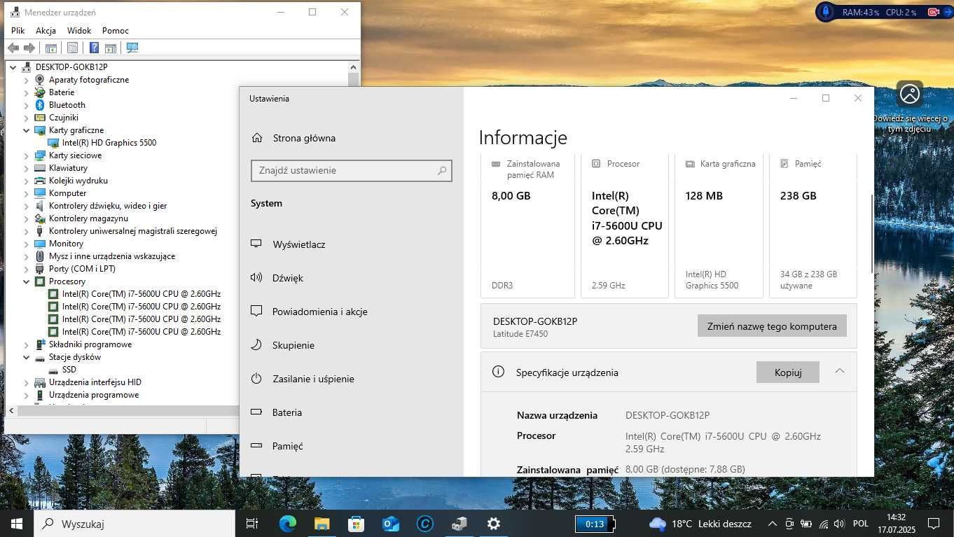 Dell Latitude E7450 14'' i7/ SSD256GB/ 8GBRAM/HD5500/modem