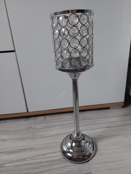 Świecznik glamour srebrny z kryształkami cyrkoniami wysoki