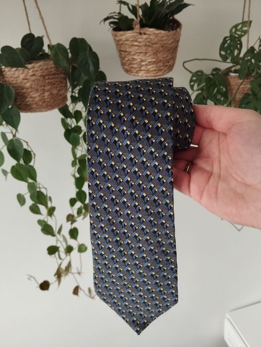 Męski jedwabny krawat 100% silk, wzorki, szary, kwadraciki, Michaelson