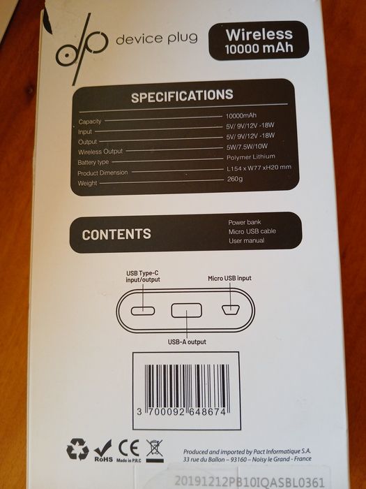 Power Bank Wireless Device Plug – 10.000 mAh