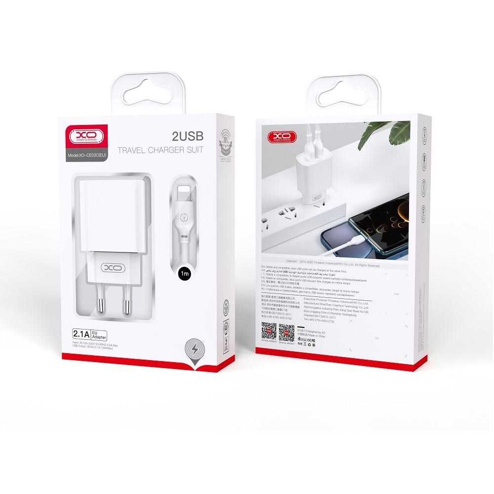 Sieciowa Ładowarka XO CE02C 2xUSB 2,1A + kabel USB Typ C kolor: biały
