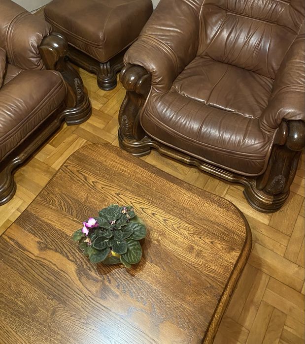 Kler Komplet wypoczynkowy skóra naturalna drewno dębowe zestaw mebli