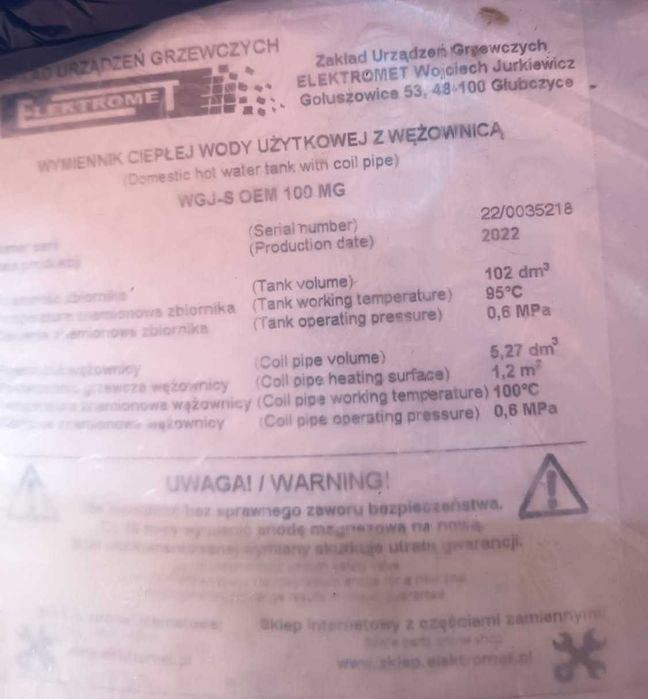 Bojler Wymiennik CWU Elektromet WGJ-S OEM MG 100L