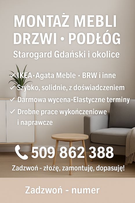 MONTAŻ MEBLI • DRZWI • PODŁÓG

Starogard Gdański i okolice
