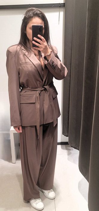 Brązowy  garnitur Zara viral marynarka z paskiem spodnie M 38 L 40