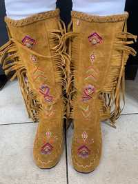 Westernowe buty indiańskie z frędzlami country 39 skóra zamsz NOWE