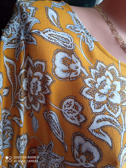 F&F 52 50 sukienka boho pachy 130cm pas musztardowa łączone materiały
