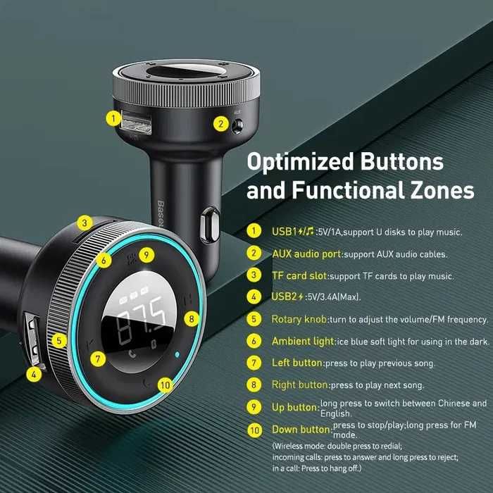 Fm модулятор baseus ресивер трансмістер Bluetooth aux
