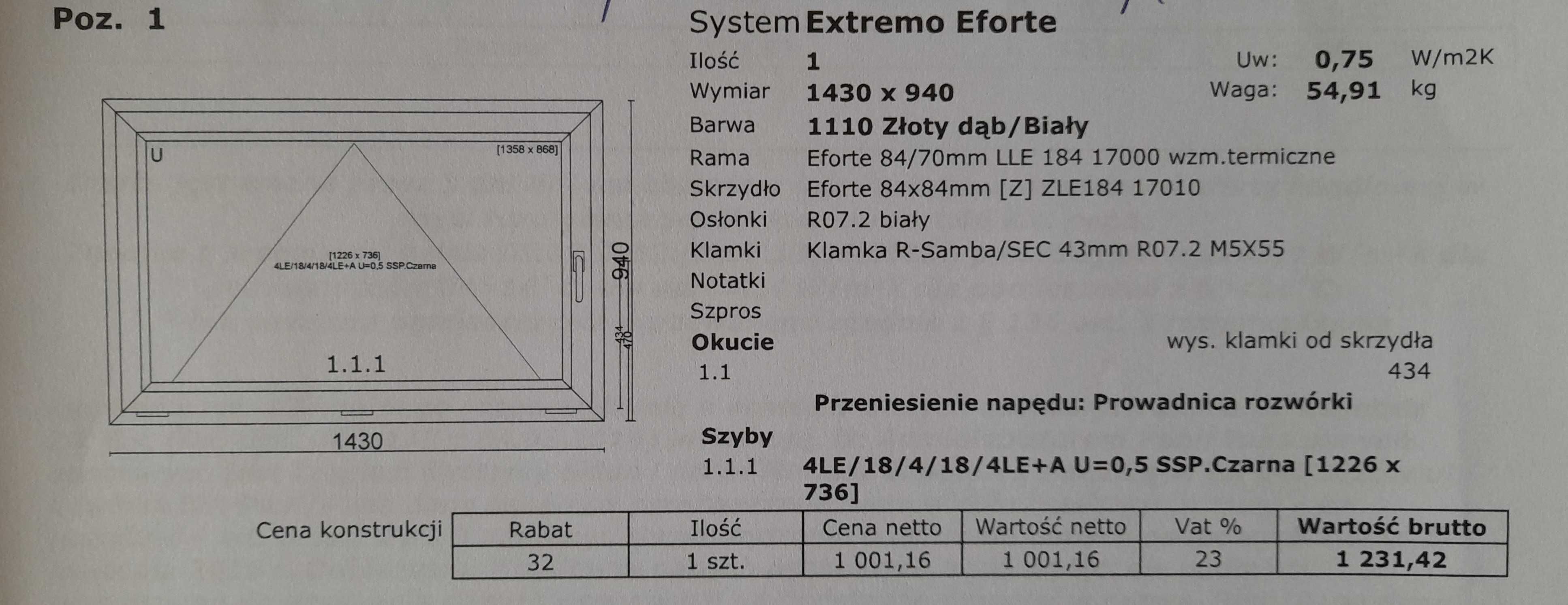 OKNO 3 szybowe, złoty dąb, 1430 x 940