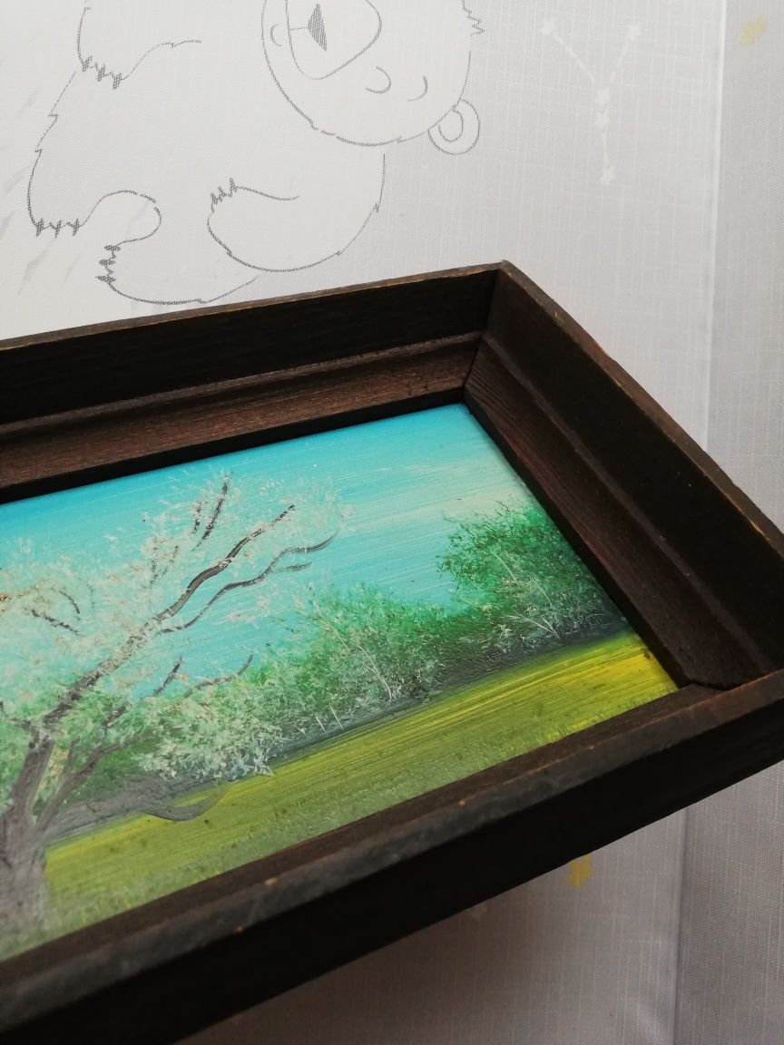 Mały olejny obrazek miniatura Pora roku wiosna drzewo
