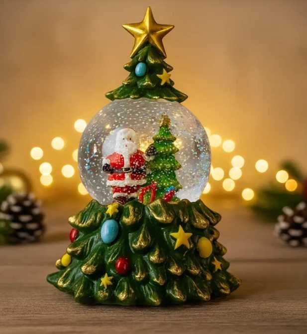 Музичний сніговий шар-нічник "Ялинка" 23см LED, Новорічний світильник