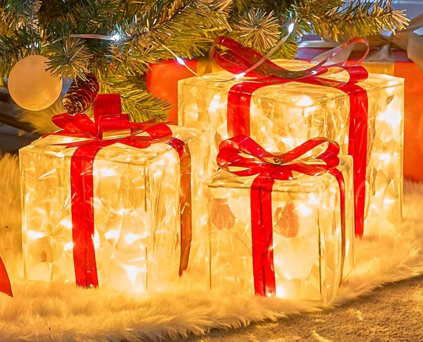 Świąteczne pudełka LED pod choinke -
zestaw 3 dekoracyjnych prezentów