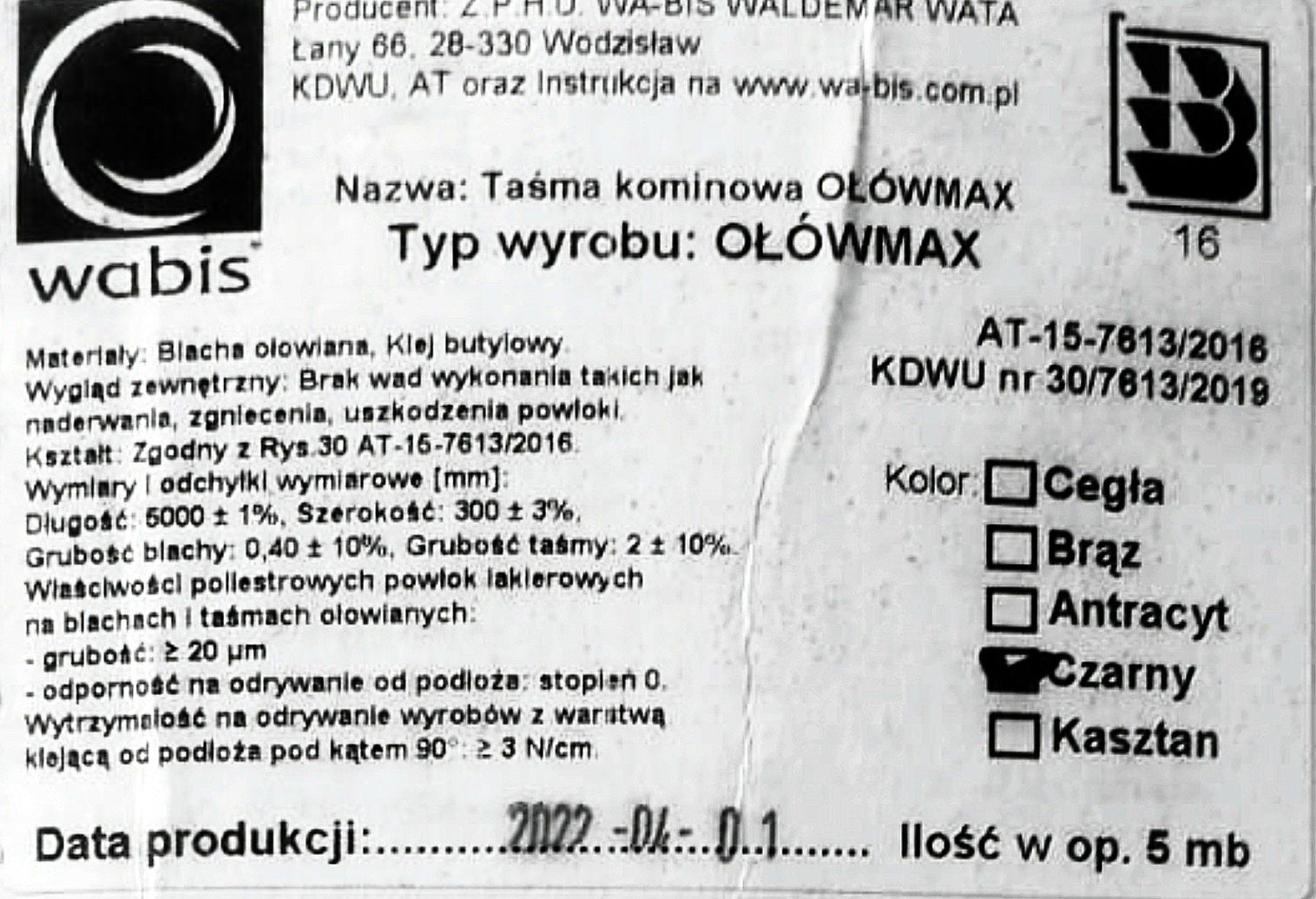 Taśma Kominowa Opierzeniowa Wabis OŁÓWMAX 5 metrów czarna